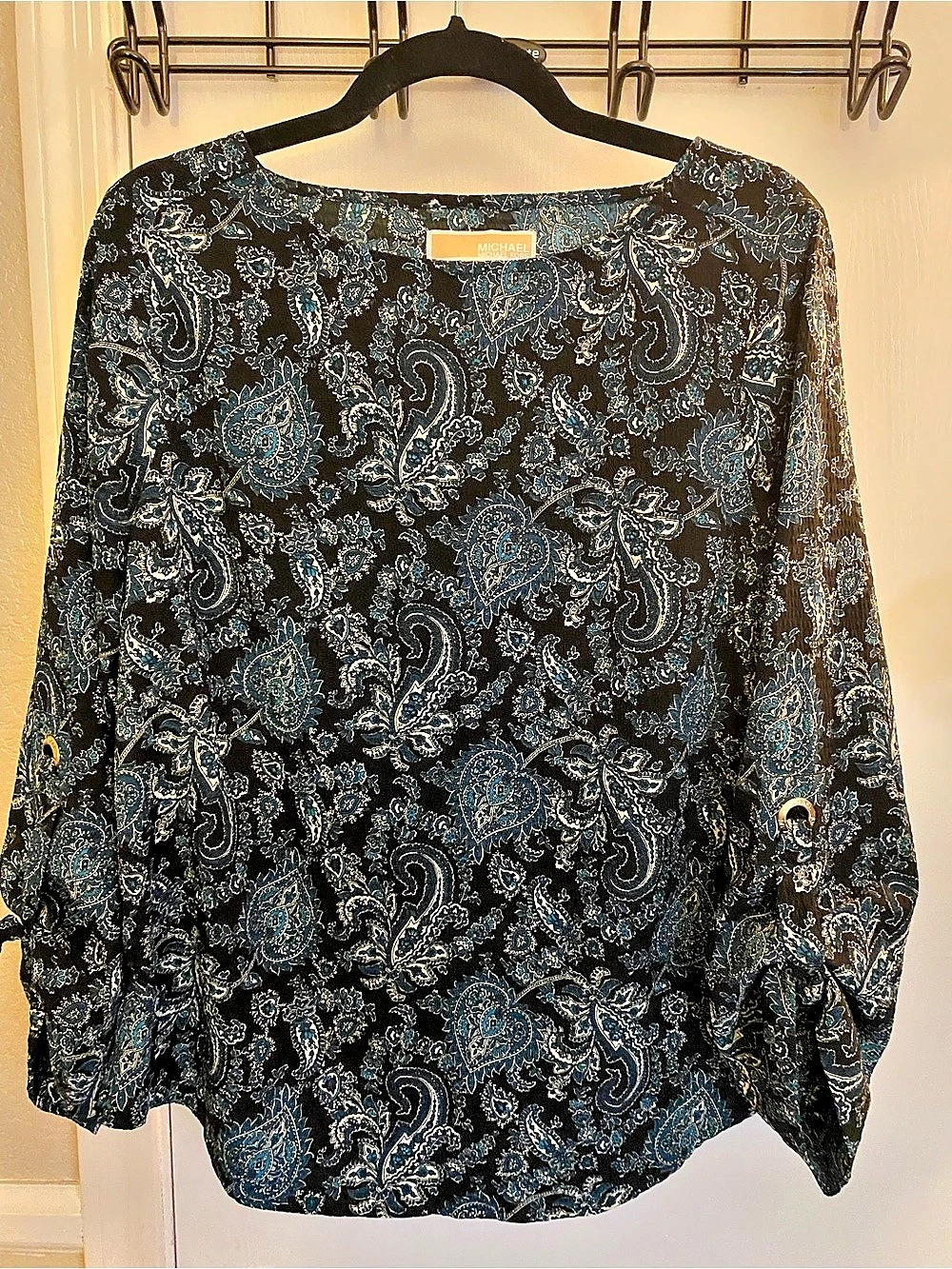 Michael Kors Paisley Roll Tab Sleeve Blouse Medium Blue Black